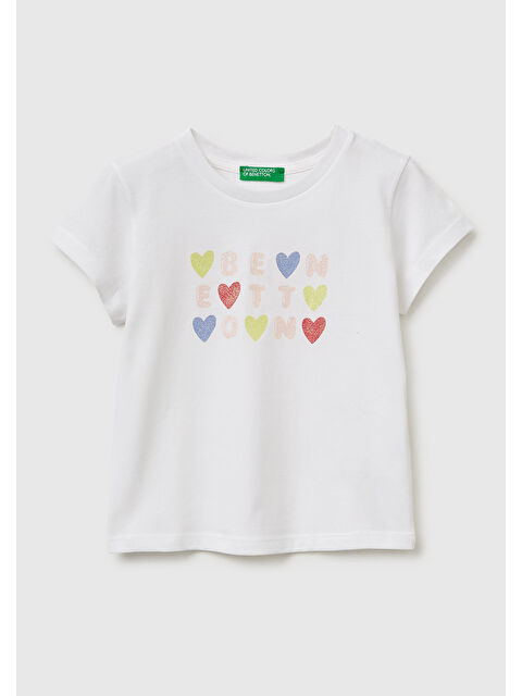 United Colors Of Benetton Kız Çocuk Beyaz Simli Grafik Baskılı Kısa Kollu Ribanalı Yaka T-Shirt