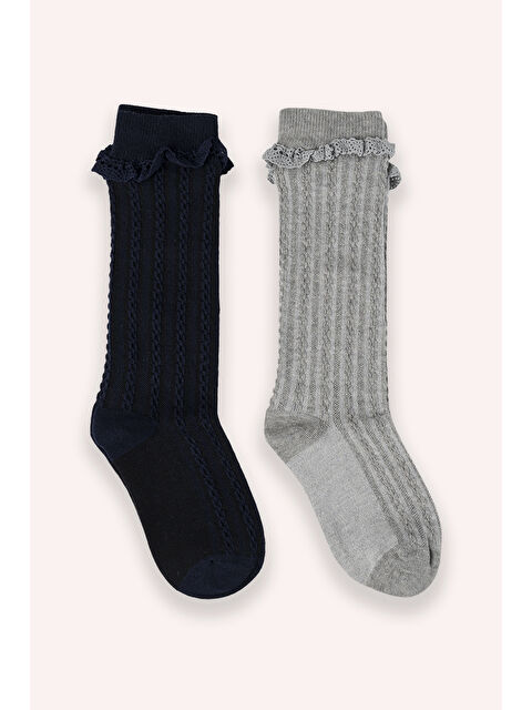 Panço Kız Çocuk Dantelli Diz Altı Lacivert-Gri Çorap - S000514206-37346