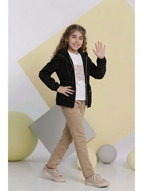 Pina Kids Kız Çocuk Nova Kumaş Taşlı Trençkot ,Penye, Keten Pantolonlu Alt Üst Takım TKM1011