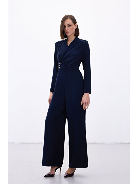 SATEEN Fiyonk Aksesuarlı Krep Tulum - Lacivert - S000363449-21164