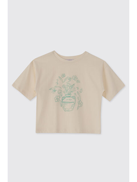 Panço Kız Çocuk Baskılı Ekru Tişört - S000524326-19965