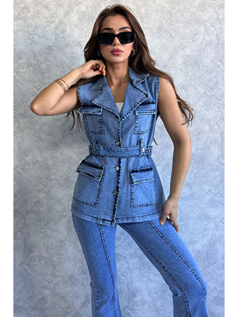 Gülseli Cepli Bel Kemerli Kadın Elastanlı Jean Yelek - S000300559-17234