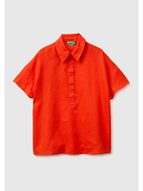 United Colors Of Benetton Kadın Kırmızı %100 Keten Düşük Omuzlu  Polo Yaka Kısa Kollu Bluz