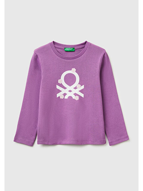 United Colors Of Benetton Kız Çocuk Mor Simli Renkli Grafik Baskılı Yuvarlak Yaka Uzun Kollu T-Shirt