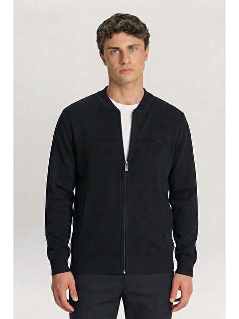 Sabri Özel Siyah Regular Fit Yün Karışımlı Pilot Yaka Triko Hırka - S000524328-19351