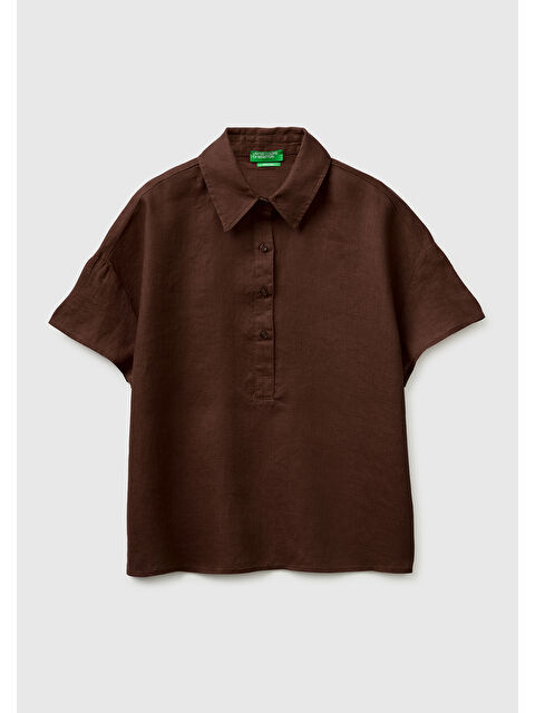 United Colors Of Benetton Kadın Kahverengi %100 Keten Düşük Omuzlu  Polo Yaka Kısa Kollu Bluz