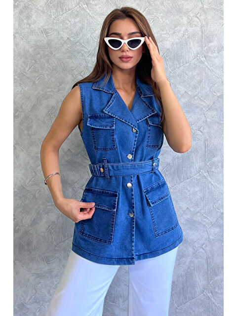 Gülseli Cepli Bel Kemerli Kadın Elastanlı Jean Yelek - S000300559-21164