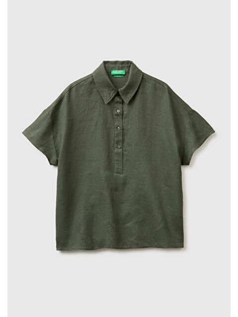 United Colors Of Benetton Kadın Haki %100 Keten Düşük Omuzlu  Polo Yaka Kısa Kollu Bluz