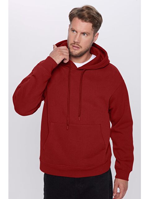 TUDORS Unisex Oversize Geniş Kesim Pamuklu Yumuşak Dokulu İçi Polarlı Basic Bordo Kapüşonlu Erkek Hoodie