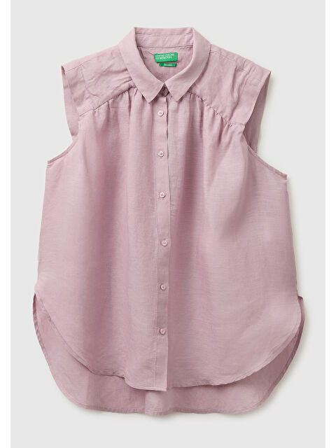 United Colors Of Benetton Kadın Açık Pembe %100 Keten Önü Pileli Kolsuz Bluz