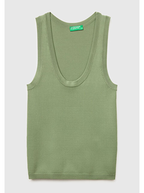United Colors Of Benetton Kadın Haki Viskoz Karışımlı Slim Fit Geniş Yuvarlak Yaka Atlet