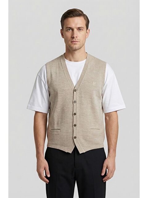 Sabri Özel Giotelli Erkek Bej Melanj Standart Fit Yün Karışımlı Düğmeli Triko Yelek - S000524330-19928