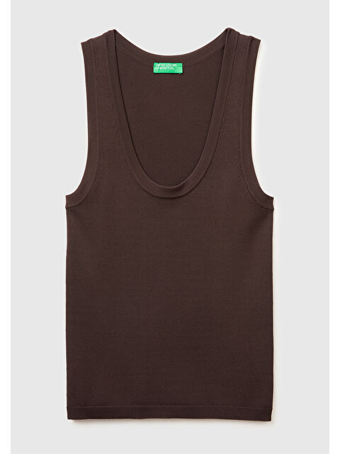United Colors Of Benetton Kadın Kahverengi Viskoz Karışımlı Slim Fit Geniş Yuvarlak Yaka Atlet