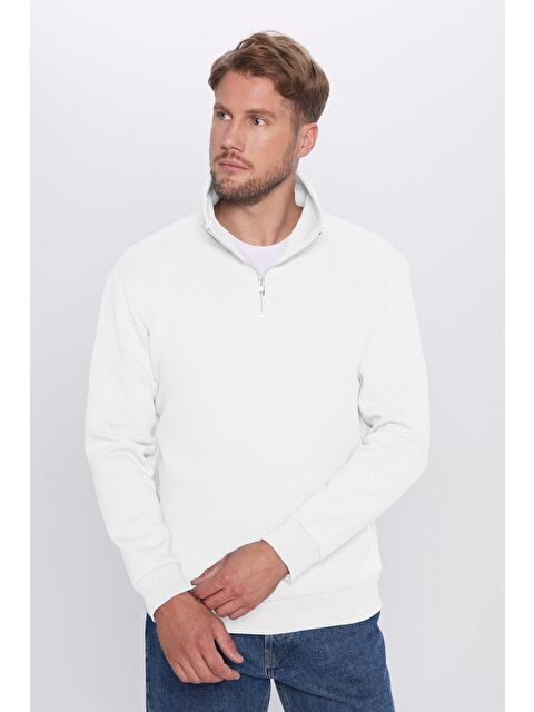 TUDORS Unisex Relax Fit Rahat Kesim %100 Pamuk Yarım Fermuarlı Beyaz Dik Yaka Sweatshirt