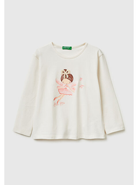 United Colors Of Benetton Kız Çocuk Ekru Baskılı Uzun Kollu Bisiklet Yaka T-Shirt