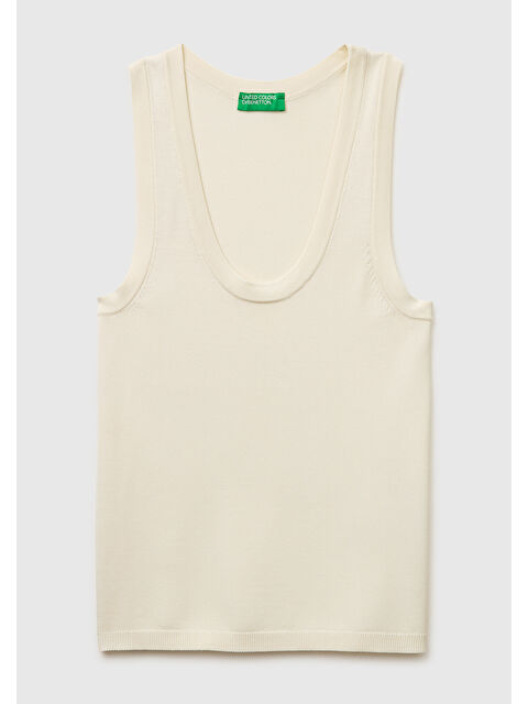 United Colors Of Benetton Kadın Krem Viskoz Karışımlı Slim Fit Geniş Yuvarlak Yaka Atlet