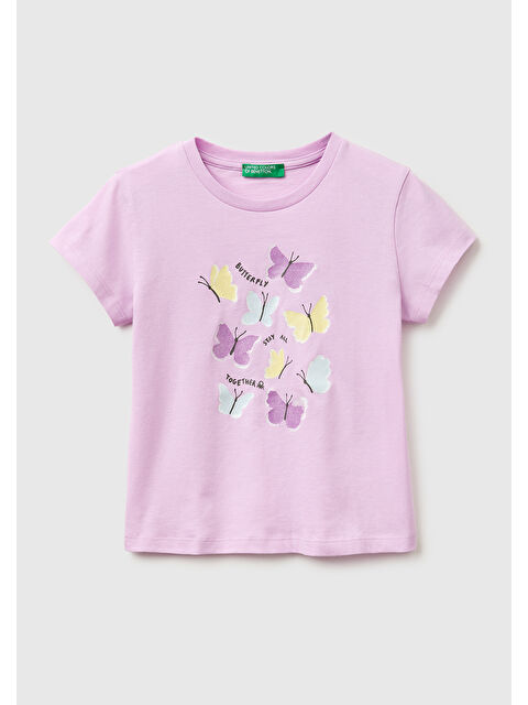 United Colors Of Benetton Kız Çocuk Pembe Simli Su Bazlı Baskılı Bisiklet Yaka T-Shirt