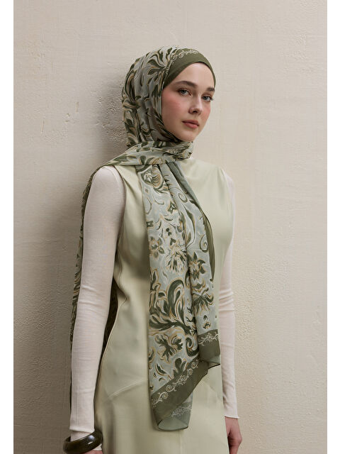 Fresh Scarfs Laura Desen İpek Krep Şal Haki - S000420434-18547