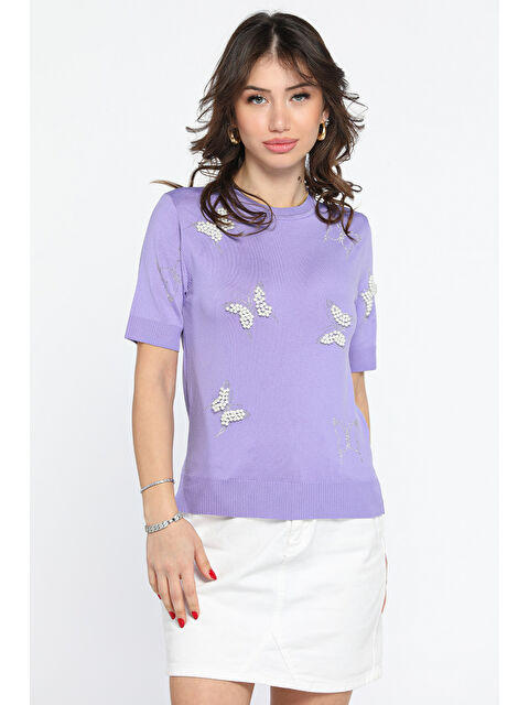 Gülseli İncili Baskılı Triko Tişört - S000289722-17878