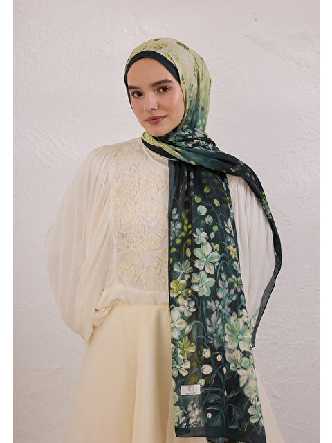 Fresh Scarfs Wısterıa Desen Rami Şal Koyu Yeşil - S000420391-19416