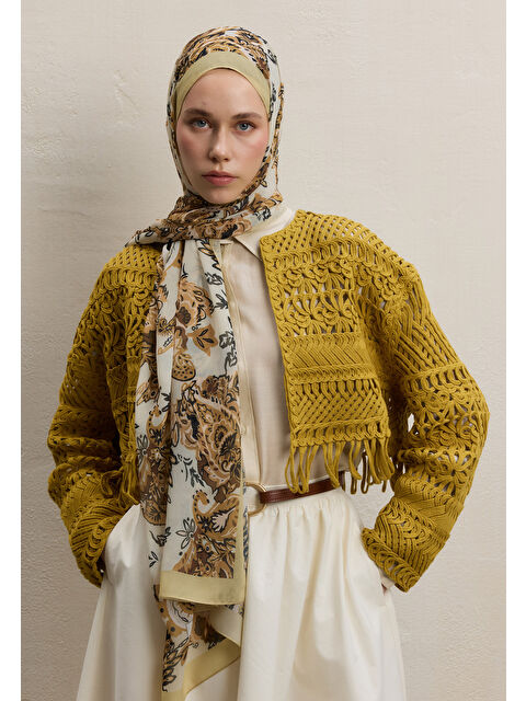 Fresh Scarfs Wıld Flora Desen İpek Krep Şal Hardal - S000420475-7379