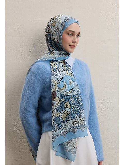 Fresh Scarfs Poppıes Desen İpek Krep Şal İndigo - S000420392-23093
