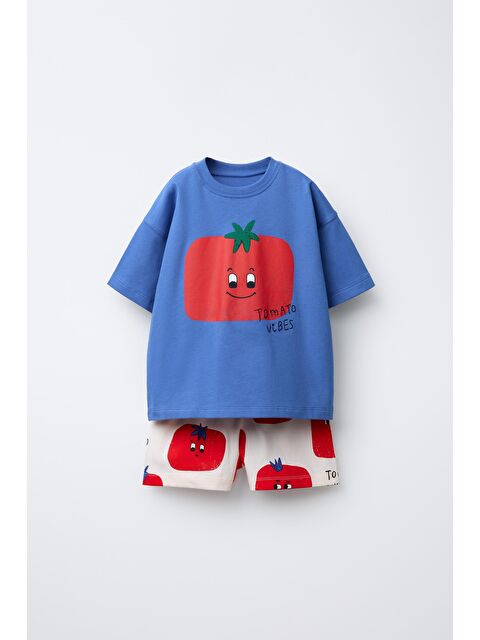 Magu Unisex Çocuk Pamuklu Mavi Domates Baskılı T-Shirt Şort Takım - S000531781-23173