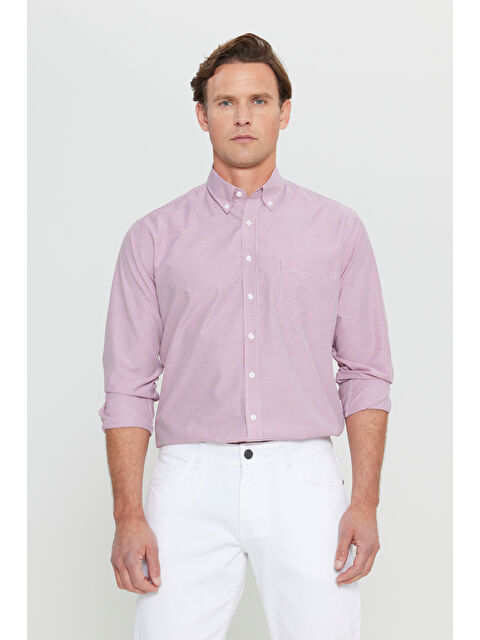 Altınyıldız Classics Erkek Beyaz-Bordo Pamuklu Regular Fit Normal Kesim Düğmeli Yaka Cepli Çizgili Gömlek