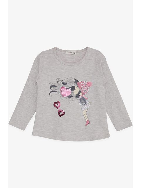 Breeze Kız Çocuk Uzun Kollu Tişört Pullu Kalp Baskılı Bej Melanj (2-6 Yaş) - S000070734-19927