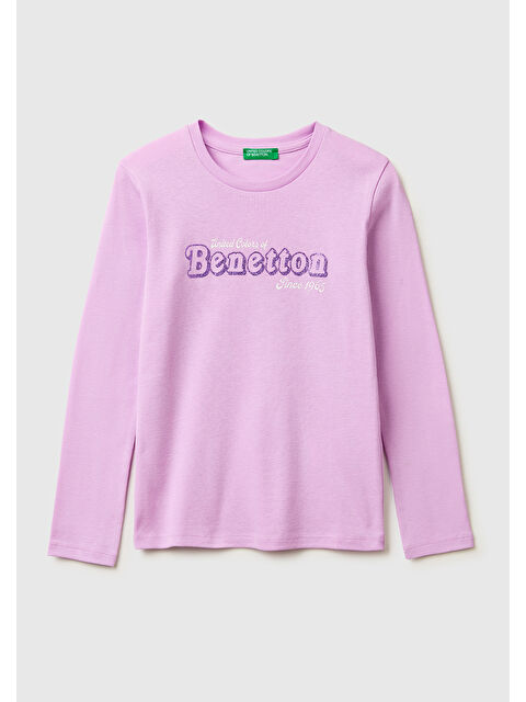 United Colors Of Benetton Kız Çocuk Pembe Simli Logo Detaylı Bisiklet Yaka Uzun Kollu T-Shirt