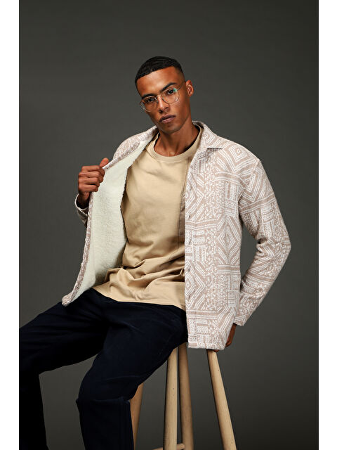 Kiğılı Uzun Kol Oversize Desenli Kürklü Pamuklu Gömlek / Mont