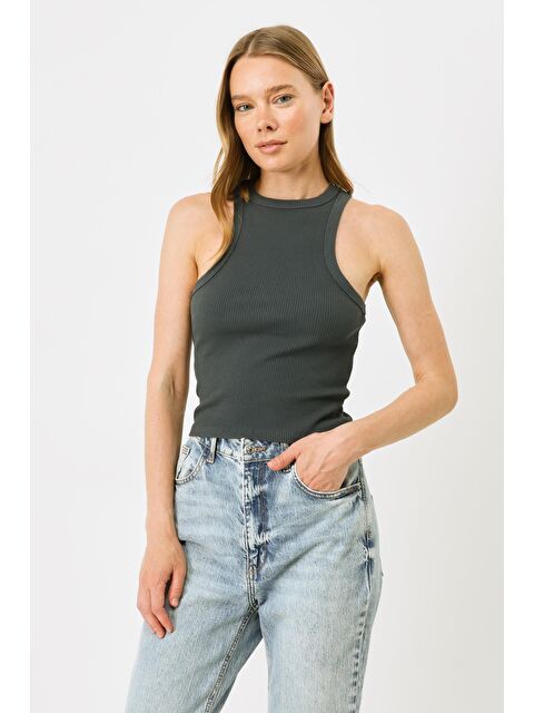 C&City Kadın Halter Yaka Fitilli Esnek Uzun Atlet 923 Füme - S000226343-33408