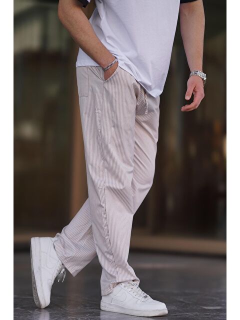 Madmext Bej Beli Ayarlanabilir Bol Paça Dökümlü Çizgili Pantolon 6541 - S000436660-19928