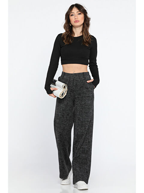 Gülseli Kadın Yüksek Bel Kendinden Desenli Bel Lastikli Kışlık Bol Paça Palazzo Pantolon - S000299870-29666