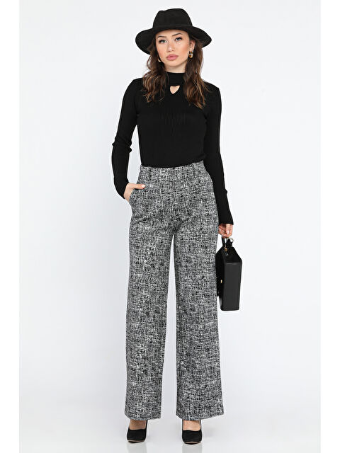 Gülseli Kadın Yüksek Bel Kendinden Desenli Bel Lastikli Kışlık Bol Paça Palazzo Pantolon - S000299870-37430