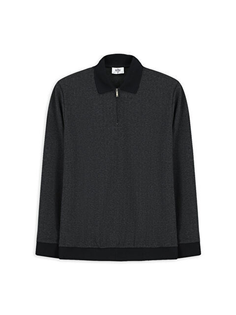 Kiğılı Polo Yaka Regular Fit Desenli Fermuarlı Pamuklu Sweatshirt