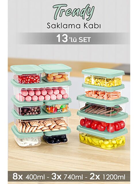 Meleni Home 13lü Dikdörtgen Erzak Saklama Kabı Seti Mikrodalgaya Uygun Düzenleyici Organizer Erzak Kabı Yeşil - S000385040-18194