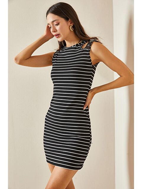 Xhan Siyah Çizgili Aksesuar Detaylı Askılı Mini Elbise 5YXK6-48674-02 - S000229739-19351