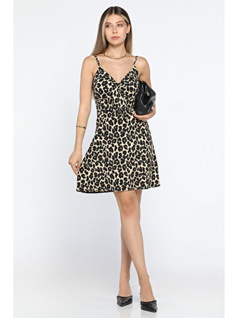 Gülseli İp Askılı Leopar Desenli Viskon Mini Elbise - S000326598-19413