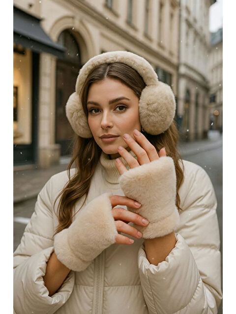 Luminos Butik İthal Bej Pelüş Eldiven Kulaklık Set BEJ - S000512478-37570