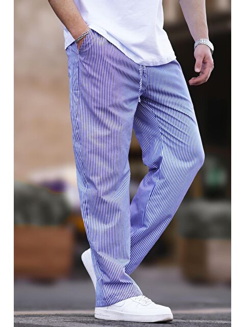 Madmext Lacivert Beli Ayarlanabilir Bol Paça Dökümlü Çizgili Pantolon 6541 - S000436660-21164