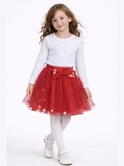 Casabony Kırmızı Ponpon Detaylı Tütülü Etek - S000495568-20045