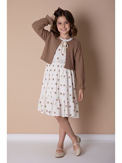 Cansın Mini Kahverengi Bolerolu Çiçek Desenli Kuşaklı Kız Çocuk Elbise Takımı 23506 - S000495570-19413