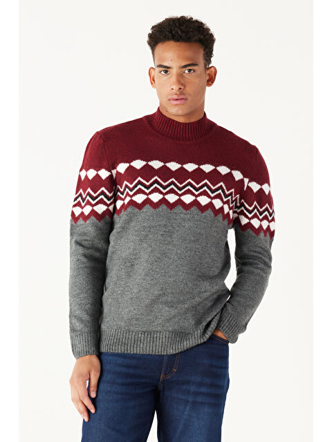 AC&Co / Altınyıldız Classics Erkek Bordo-Antrasit Standart Fit Yarım Balıkçı Yaka Jakarlı Yumuşak Dokulu Triko Kazak - S000394372-19951