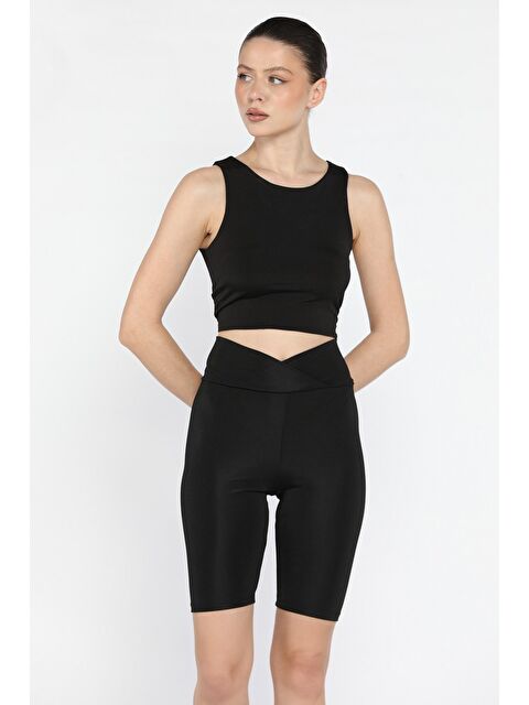 Gülseli Kadın Çapraz Kemer Detaylı Yüksek Bel Kısa Tayt - S000379674-19351