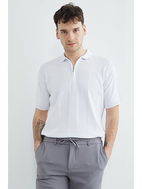 Fullamoda Şeritli Yarım Fermuarlı Polo Yaka Triko Tişört - S000514003-20063