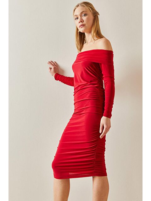 Xhan Kırmızı Madonna Yaka Drapeli Midi Elbise 4KXK6-47915-04 - S000122129-20045