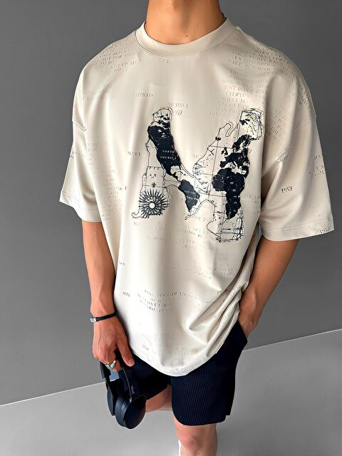 Abluka Online Erkek Oversize Kabartma Baskılı Premium Tişört Bej - S000236503-19928