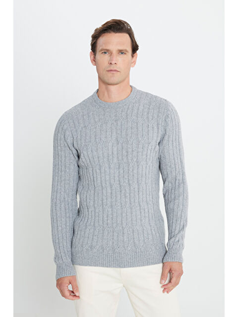 AC&Co / Altınyıldız Classics Erkek Açık Gri Standart Fit Normal Kesim Bisiklet Yaka Jakarlı Triko Kazak - S000394373-17308