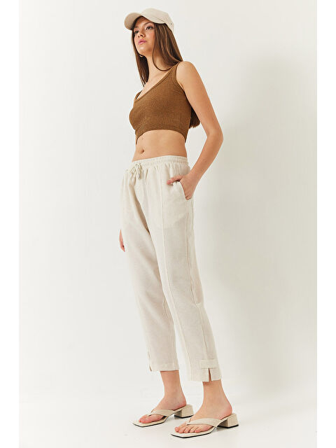 SHADE Kadın Keten Beli Lastikli Bağlamalı Paça Detaylı Cepli Havuç Kesim Pantolon - S000377167-19965